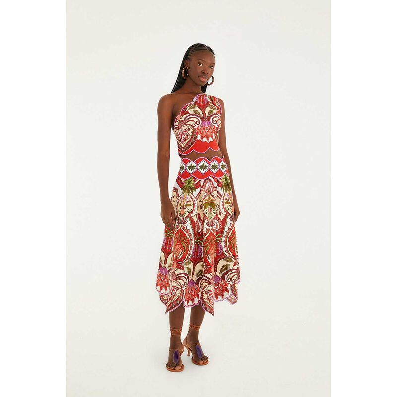FARM Rio Odara Red Scallops Midi Skirt image number 3